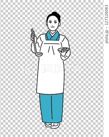 Illustration of a female proprietress of a small restaurant wearing an apron 127126063