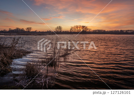 Still Lake and Reeds Under Colorful Evening Sky 127126101