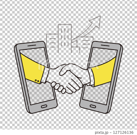 Illustration of a hand coming out of a smartphone and shaking hands Illustration of a hand coming out of a smartphone and shaking hands 127126136
