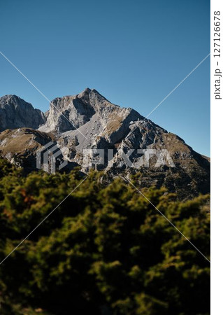 Sharp rocky peaks of the Komovi mountains in Montenegro rise above green autumn shrubs under a clear blue sky. A peaceful scene of natural wilderness and crisp mountain air. 127126678