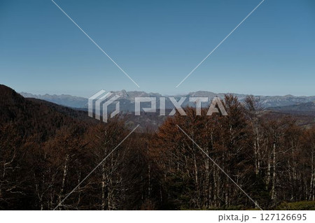 Panoramic view of autumn forest and distant rocky peaks in the Komovi mountains, Montenegro. Clear sky and earthy colors define this peaceful fall landscape Panoramic view of autumn forest and distant rocky peaks in the Komovi mountains, Montenegro. Clear sky and earthy colors define this peaceful fall landscape 127126695