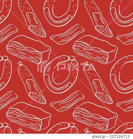 Seamless pattern for salami day holiday with sausage, bacon in line art style on red background. Perfect for food packaging, kitchen wallpaper or butcher shop wrapping paper. 127126713