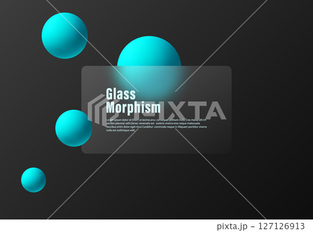 Glassmorphism rectangle with blur effect on dark background and glowing cyan spheres, modern futuristic design layout. 127126913