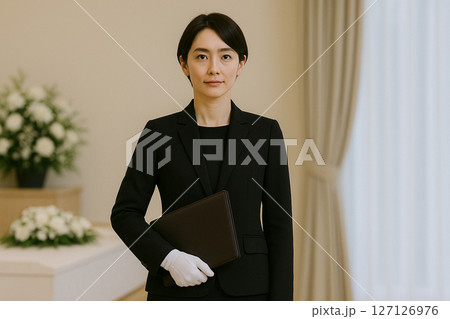 丁寧な接客をする葬儀スタッフの女性 127126976