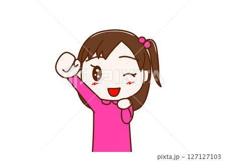 （上半身正面）やったーと片手をあげて笑顔でウインクする少女 127127103