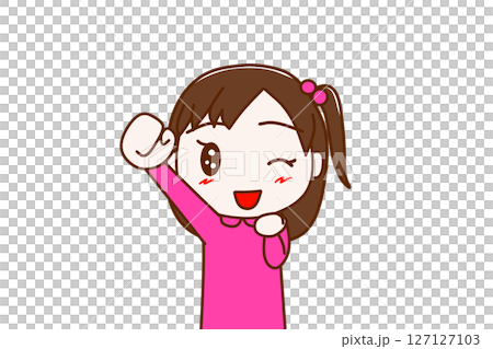 (Front view of upper body) A girl winks with a smile, raising one hand and saying "Yay!" 127127103