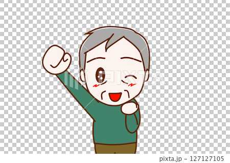 (Front view of upper body) An elderly man raising one hand and winking with a smile 127127105