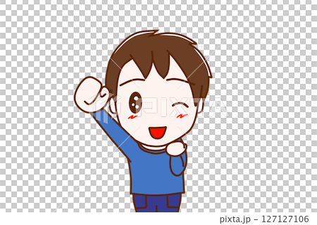 (Front view of upper body) A boy winking with a smile and raising one hand in a "Yay!" gesture 127127106