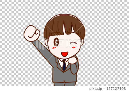 (Front view of upper body) A male student raising one hand and winking with a smile, saying "Yay!" 127127108
