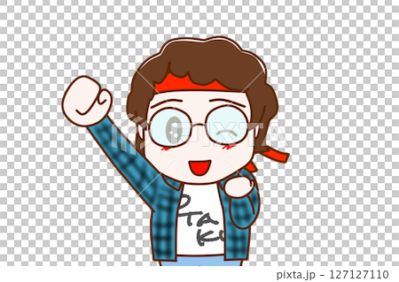 (Front view of upper body) A geek wearing glasses winks with a smile, raising one hand and saying "Yay!" (Front view of upper body) A geek wearing glasses winks with a smile, raising one hand and saying "Yay!" 127127110