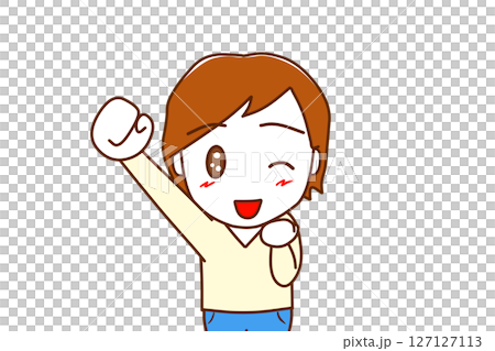 (Front view of upper body) A Caucasian man raising one hand and winking with a smile (Front view of upper body) A Caucasian man raising one hand and winking with a smile 127127113