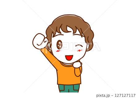 (上半身正面)やったーと片手をあげて笑顔でウインクする白人少年 (上半身正面)やったーと片手をあげて笑顔でウインクする白人少年 127127117