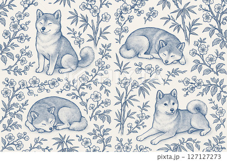 桜と竹に囲まれた柴犬のくつろぎパターンイラスト 桜と竹に囲まれた柴犬のくつろぎパターンイラスト 127127273