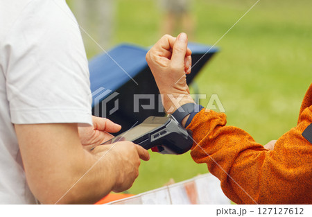 Contactless Payment Between a Customer and Seller in an Outdoor Setting Contactless Payment Between a Customer and Seller in an Outdoor Setting 127127612