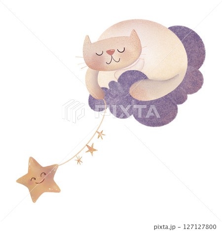 Hand-drawn digital illustration of a cute white cat sleeping on fluffy clouds with stars. Watercolor texture, ideal for children's books, nursery art, or greeting cards. Raster graphic, perfect for Hand-drawn digital illustration of a cute white cat sleeping on fluffy clouds with stars. Watercolor texture, ideal for children's books, nursery art, or greeting cards. Raster graphic, perfect for 127127800
