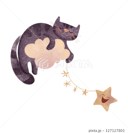 Hand-drawn digital illustration of a cute tabby cat sleeping on soft clouds with a crescent moon and stars. Watercolor texture, perfect for children's books, nursery decor, greeting cards, isolated Hand-drawn digital illustration of a cute tabby cat sleeping on soft clouds with a crescent moon and stars. Watercolor texture, perfect for children's books, nursery decor, greeting cards, isolated 127127801