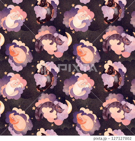 Seamless pattern digital illustration of cute cats sleeping on clouds with stars, pillows on dark textured background. Perfect for children's books, nursery decor, or fabric patterns, for whimsical Seamless pattern digital illustration of cute cats sleeping on clouds with stars, pillows on dark textured background. Perfect for children's books, nursery decor, or fabric patterns, for whimsical 127127802