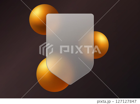 Dark shield with golden spheres for data protection, glass morphism style image. Dark shield with golden spheres for data protection, glass morphism style image. 127127847