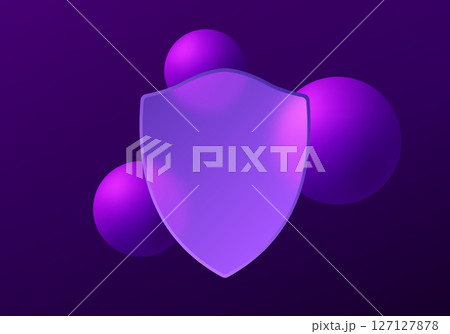 Neon purple cybersecurity shield with floating spheres 127127878