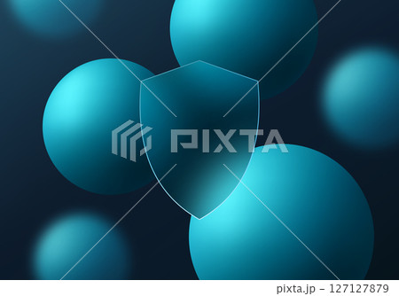 Futuristic teal shield with glowing 3D spheres on dark background 127127879