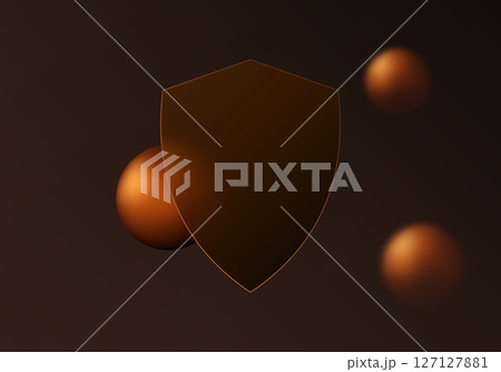 Bronze security shield with floating spheres on dark background Bronze security shield with floating spheres on dark background 127127881