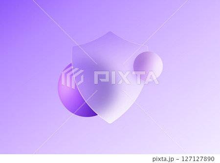 Violet web shield with floating spheres in glass morphism style 127127890