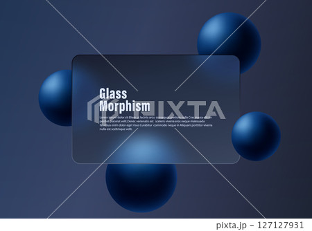 Dark background in glass morphism style with glowing blue spheres 127127931