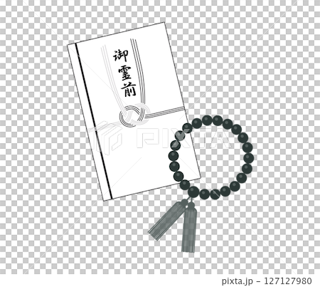 数珠と香典袋のイラストです。 127127980