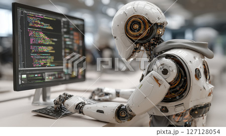 Robot humanoid modern sleek coding as a developer at computer, artificial intelligence futuristic workspace. humanoid robot with sleek 127128054
