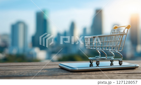 Digital shopping cart on smartphone screen, cityscape background, modern online shopping, urban technology concept 127128057