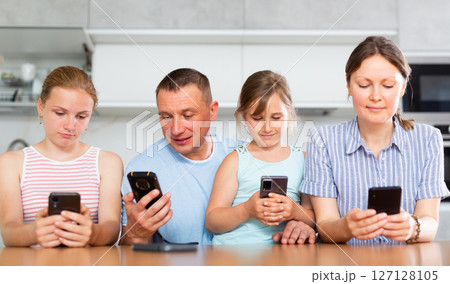 Portrait of children and parents using phones at home 127128105