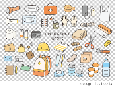 防災グッズの手描きイラストセット(カラー) 防災グッズの手描きイラストセット(カラー) 127128213