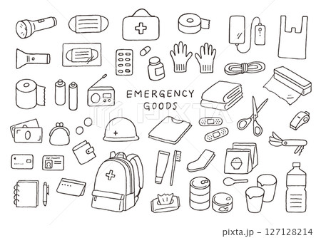 防災グッズの手描きイラストセット（モノクロ） 127128214