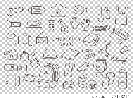 防災グッズの手描きイラストセット（モノクロ） 127128214