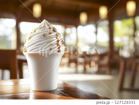 カフェの山盛りのフローズンヨーグルトのイメージ素材　カラメル 127128331