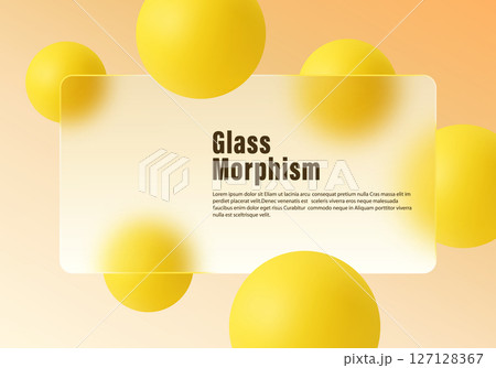 Trendy glassmorphism layout with frosted white panel and vibrant yellow 3D spheres on warm peach background, ideal for digital design or UI Trendy glassmorphism layout with frosted white panel and vibrant yellow 3D spheres on warm peach background, ideal for digital design or UI 127128367