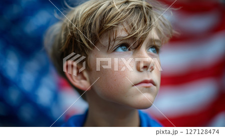 Portrait of a thoughtful boy surrounded by vibrant colors of waving fabric Portrait of a thoughtful boy surrounded by vibrant colors of waving fabric 127128474
