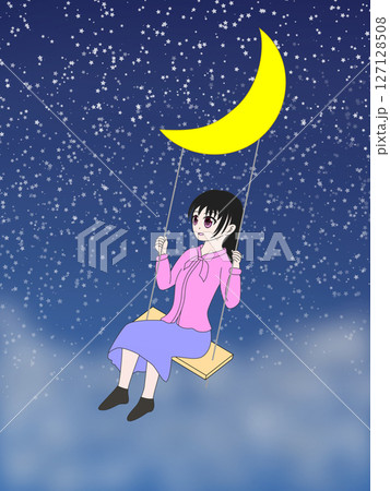月のブランコに乗っている女の子 127128508