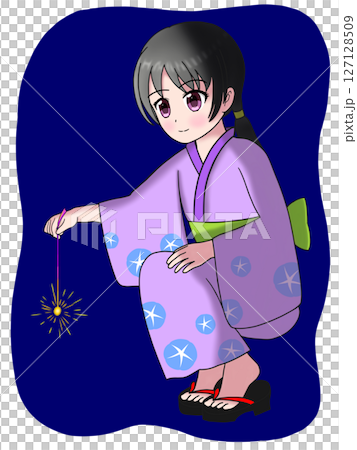 線香花火をする浴衣姿の女の子 127128509