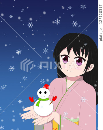 雪だるまを抱えている着物の女性 127128517