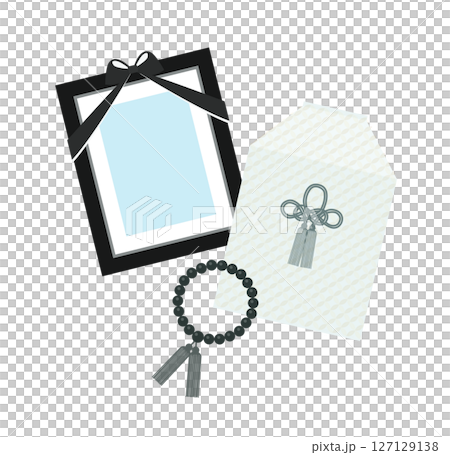An illustration of a funeral featuring a memorial portrait, bone box, and rosary. 127129138