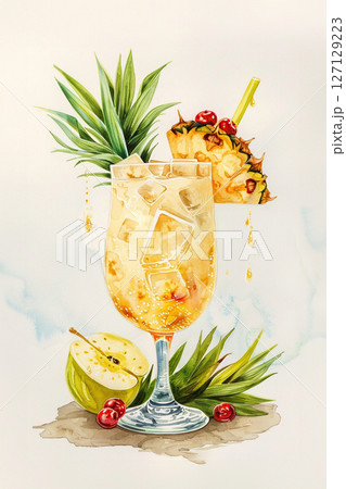 Pina Colada Cocktail Drink with pineapple and coconut, summer tropical cocktail with fruits and flowers, vacation concept. 127129223