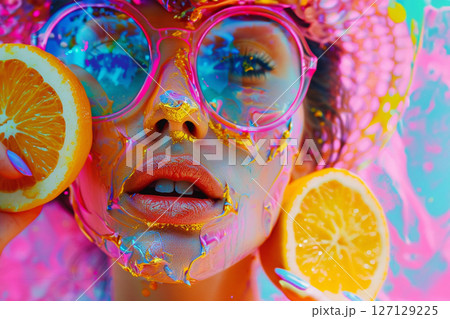 summer collage fluorescent colors. woman close up sunbathing  127129225