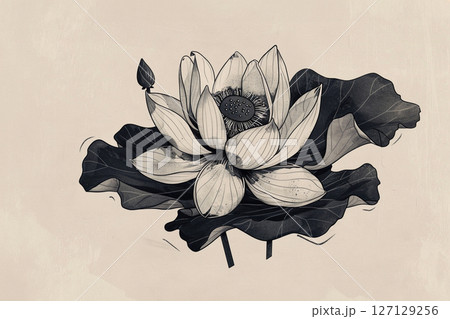 Lotus flower minimal illustration for packaging, corporate identity, labels, postcards, invitations. Rustic inks Lotus flower minimal illustration for packaging, corporate identity, labels, postcards, invitations. Rustic inks 127129256