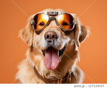 Happy golden retriever in aviator goggles at sunset. for pet-related advertisements, posters, greeting cards, aviation designs 127129337