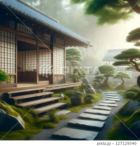Traditional Japanese Zen Garden with Wooden House in Tranquil Setting. Ideal for concepts related to meditation, mindfulness 127129340