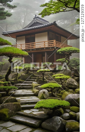 Traditional Japanese Zen Garden with Wooden House in Tranquil Setting. Ideal for concepts related to meditation, mindfulness 127129359