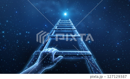 Digital stair with man hand. Career ladder, business growth, success stairs. 127129387