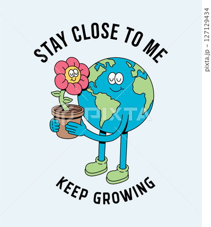 cute earth and flower retro illustration 127129434