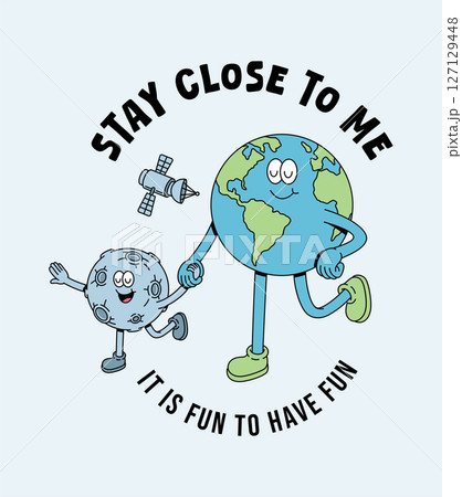 earth and moon have fun retro cute illustration 127129448